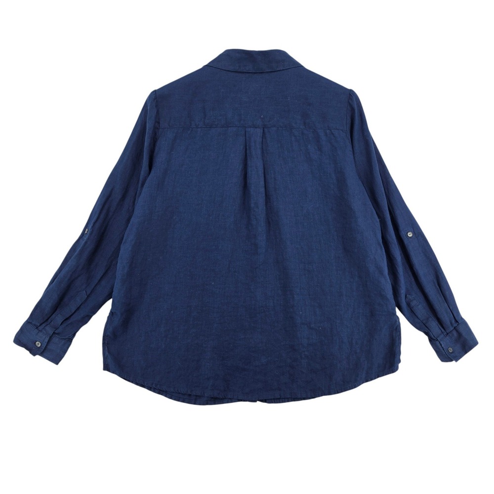 Charter Club 100% Linen Navy Button Shirt Large Roll Tab Coastal Luxury Top - Picture 3 of 4
